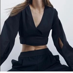 Zara Women's Black Poplin Wrap Top with Slit Sleeves | M